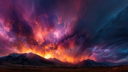 Dramatic sunset panorama over mountains with vibrant clouds