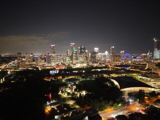 Fototapeta premium Beautiful Austin skyline at night with a stunning aerial drone view