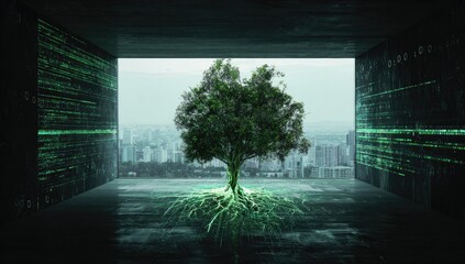 A vibrant tree within a modern architectural structure, viewed through a window, with a city skyline in the background, and digital code displayed on the walls