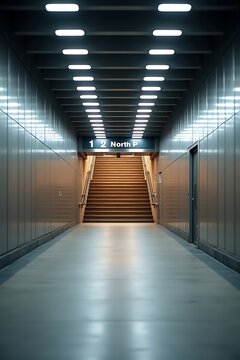 Symmetrical View of Modern Underground Subway Passage with Stairs and LED Lights
