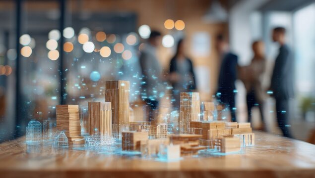 Digital city model on a wooden table.  Blurred people in background