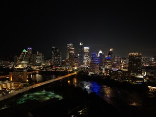 Beautiful Austin skyline at night with a stunning aerial drone view