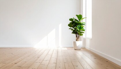 A single green plant in a white pot sits in a bright, minimalist room with wooden floors and natural sunlight streaming through a window.