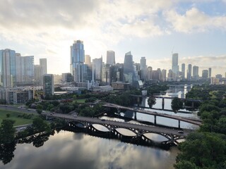 Beautiful Austin skyline downtown at sunrise with a stunning aerial drone view