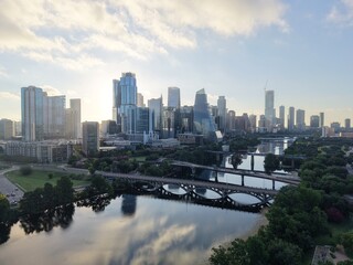 Fototapeta premium Beautiful Austin skyline downtown at sunrise with a stunning aerial drone view
