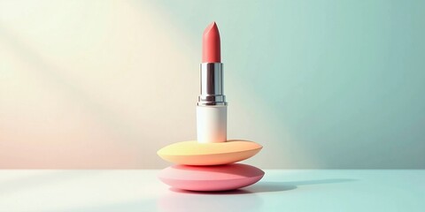 Lipstick product mockup on pastel blending sponges with minimal background for cosmetics branding and advertising concepts
