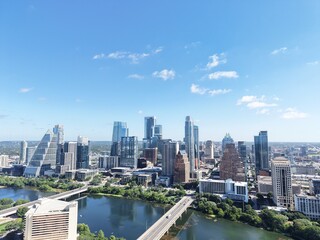 Naklejka premium Beautiful Austin skyline downtown morning with a stunning aerial drone view