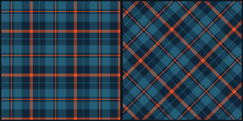 Blue orange tone plaid seamless pattern vector. Background graphic tartan fashion design use for print, texture, cloth, fabric, flannel.