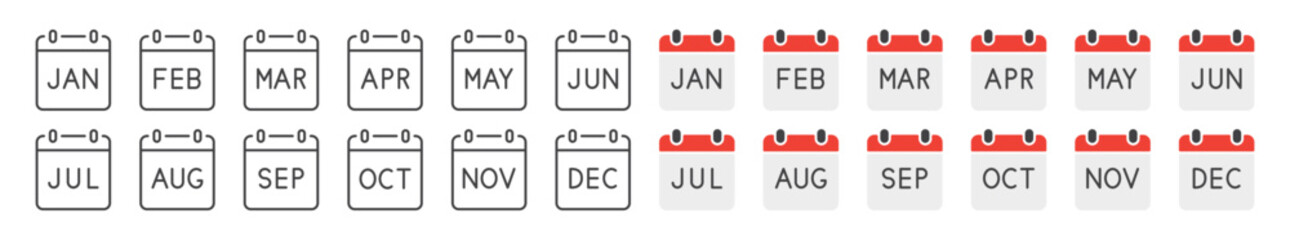 Month calendar icon set. Calendar colorful symbol. January, february, march, april, may, june, july, august, september, october, november, december. Vector illustration. Flat design. Editable stroke.