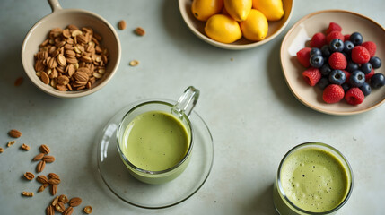 Matcha Latte with Fruit and Nuts on Pastel Table
