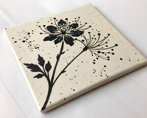 Sumi-e Ink Tile 12x12 – Asymmetrical Black Splatter on Ivory Background with Matte Handmade Texture

