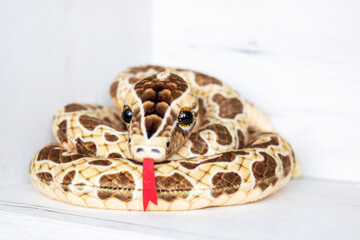A plush stuffed snake that has a vibrant red ribbon in its mouth