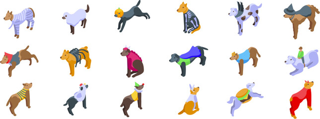 Halloween dog costume icons set. Funny isometric dogs wearing halloween costumes like pumpkin, witch, superhero, skeleton, devil, sheep and other creative outfits