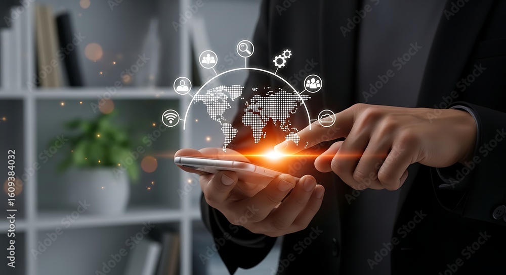 Poster man s hands holding smartphone augmented reality business network world map connection digital trans