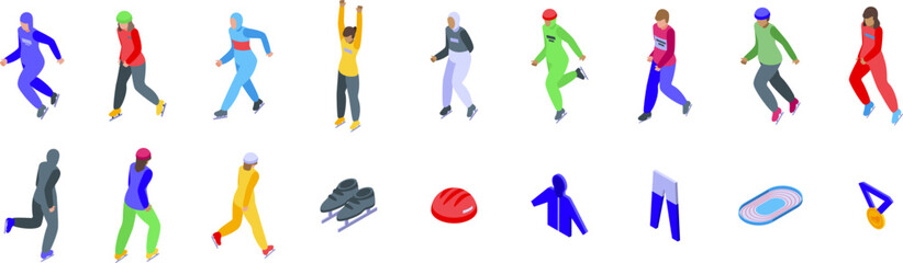 Fototapeta premium Speed skating icons set. Speed skating athletes competing, isometric icons set with sportswear, protective gear, medal, and ice rink
