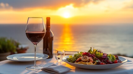 Romantic dinner with seafood pasta fresh salad and red wine set on balcony table facing ocean view at sunset