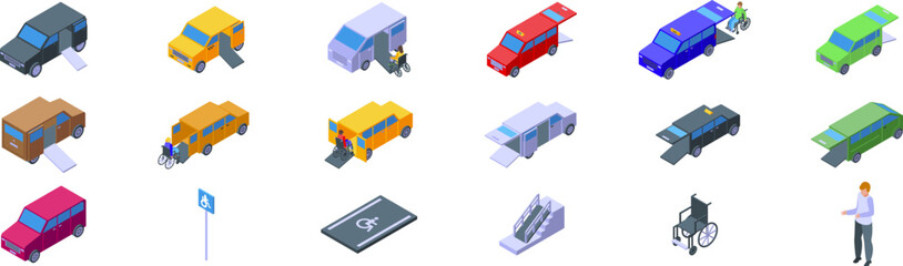 Taxi disabled people icons set. Collection of isometric icons representing accessible vehicles, ramps, parking spaces, and wheelchair users, highlighting mobility solutions
