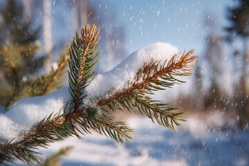 -covered pine branch in winter