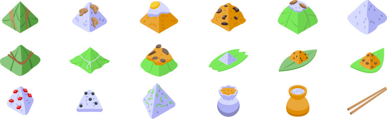 Sticky rice dumpling icons set. Various isometric zongzi, a traditional chinese rice dish, are displayed, wrapped in bamboo or reed leaves, and often containing fillings like beans, meat, or egg yolk