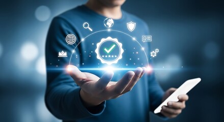 Man holding a tablet with a digital green checkmark in his palm showing product quality and service excellence with