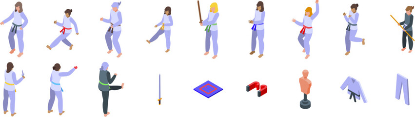 Woman kimono training icons set. Martial arts fighters practicing different moves and related equipment isometric icons set