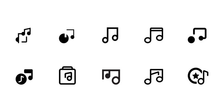 Collection of Simple Music Icons A set of nine simple, black music icons, suitable for websites, apps, or other digital media.