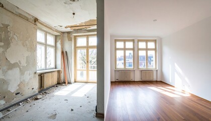 Obraz premium A split image showing a room before and after renovation, highlighting the transformation from a dilapidated, damaged state to a clean, modern living space.