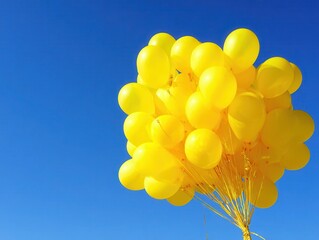 Yellow balloons floating clear blue sky