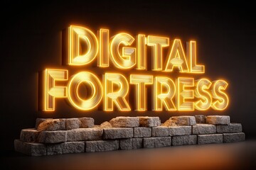 Digital fortress glowing neon text on wall