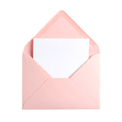 A pink envelope with a white sheet of paper partially visible inside, isolated on a transparent background (PNG format)