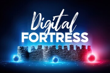 Digital fortress in neon glow with brick wall