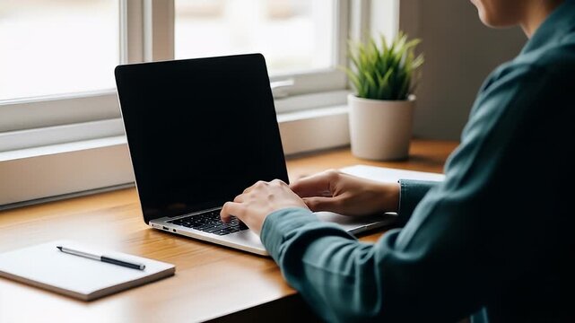 Man Typing on Laptop Working From Home at Desk