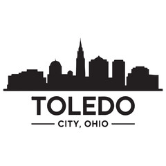 Naklejka premium Toledo skyline horizontal banner. Toledo City, Ohio. Vector template for your design. Vector black silhouette. with white background