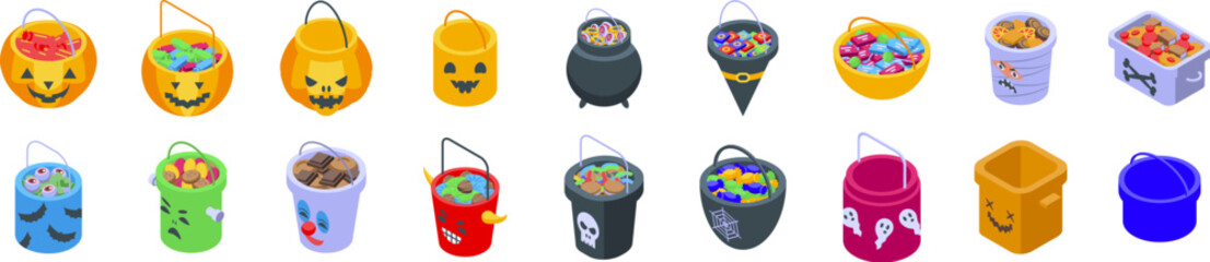 Halloween bucket sweets icons set. Colorful isometric icons of halloween trick or treat candy buckets and holders filled with sweets and treats