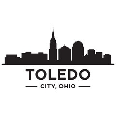 Obraz premium Toledo skyline horizontal banner. Toledo City, Ohio. Vector template for your design. Vector black silhouette. with white background