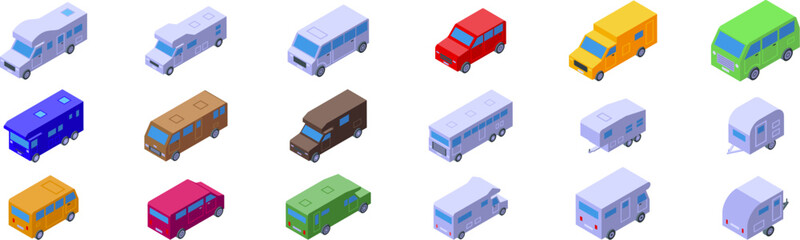 Campervan icons set. Colorful isometric camper vans and trailers embody freedom and travel, offering a nomadic lifestyle for adventurers