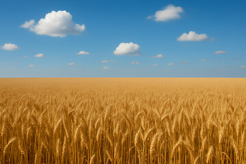 Obraz premium Golden wheat field stretching to the horizon under a vivid blue sky dotted with fluffy white clouds