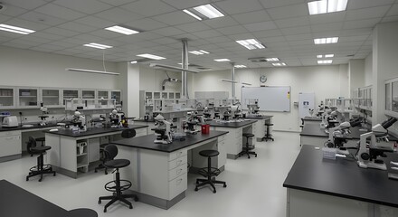 Brightly lit and fully equipped modern laboratory for scientific research and analysis