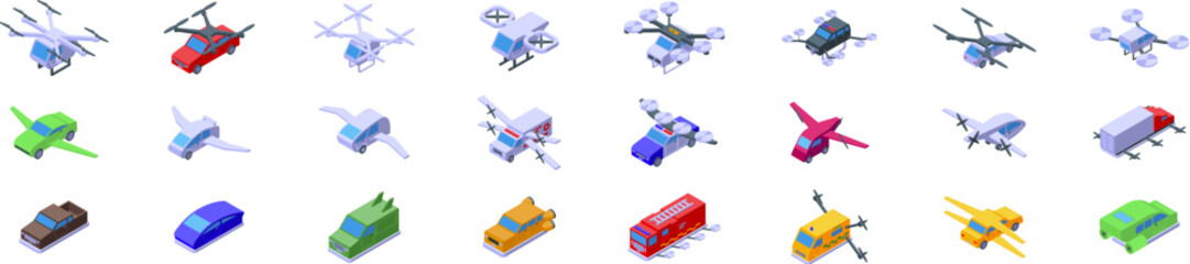 Flying car icons set. Modern air vehicles providing efficient and convenient urban mobility, reducing traffic congestion
