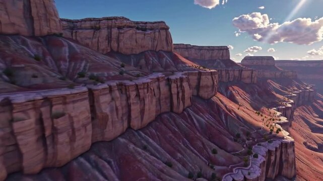 Stylized cinematic animation of the Grand Canyon with layered cliffs and vast desert terrain The camera glides parallel to the edge capturing epic views, sunlight