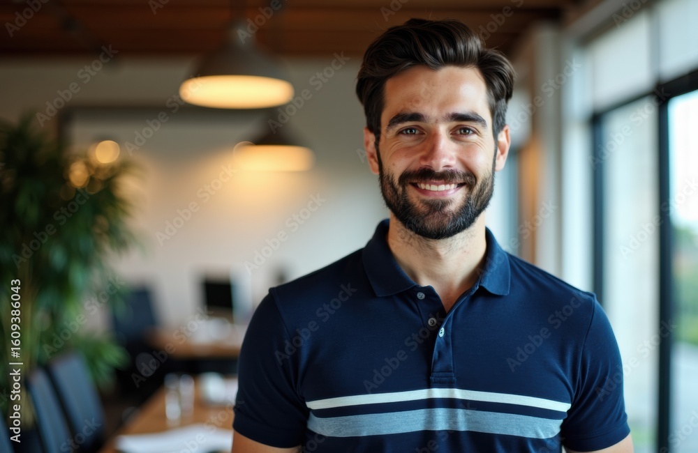 Poster man with dark hair and beard smiling in modern office setting with large windows
