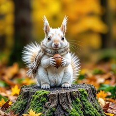 A fluffy white squirrel wearing a scarf is perched on a moss-covered tree stump, holding an acorn with both paws