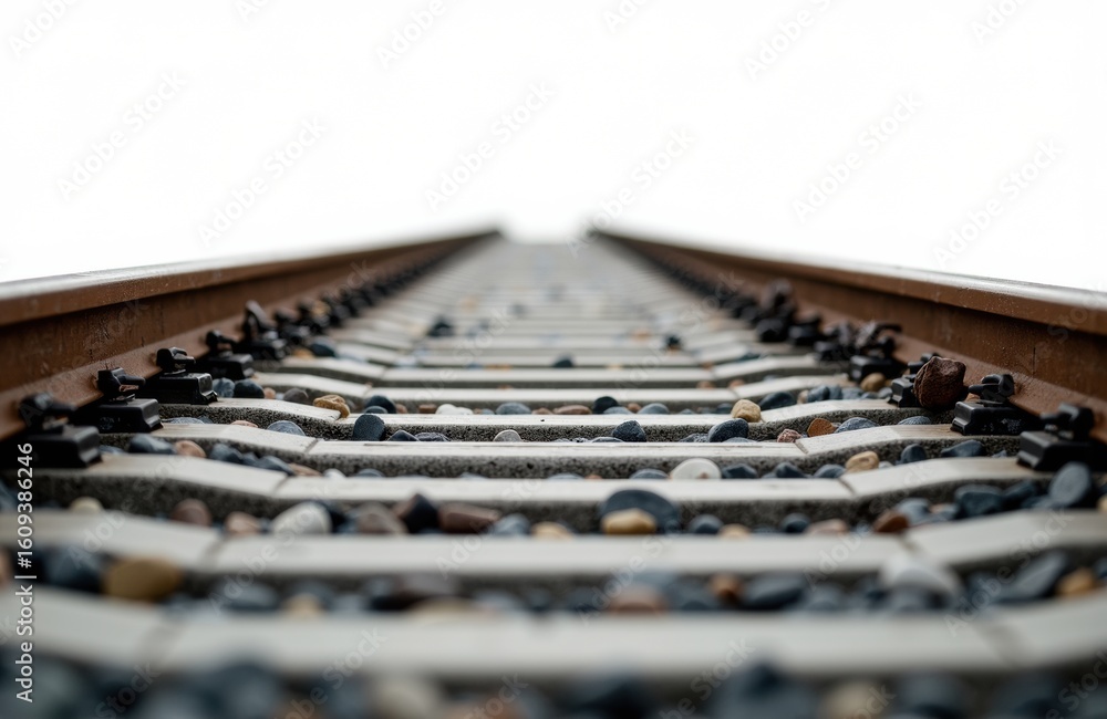 Poster a close-up view of railway tracks extending into the distance with a white sky background