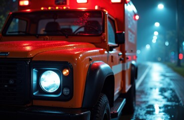 Fototapeta premium Emergency fire truck parked on a wet city street at night with bright blue and red lights