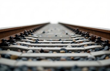 A close-up view of railway tracks extending into the distance with a white sky background