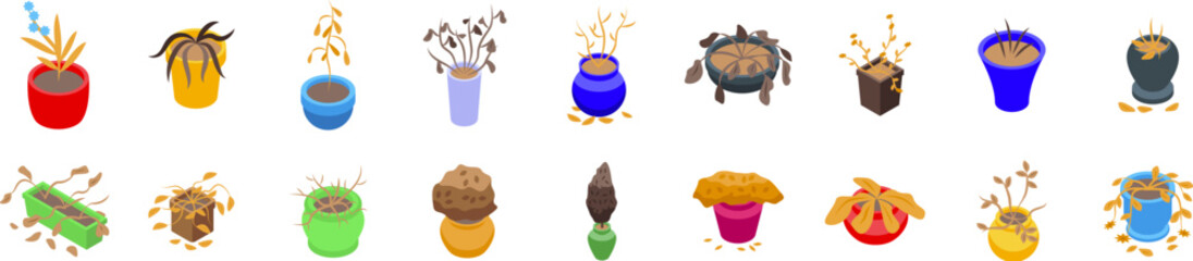 Dead plant pot icons set. Collection of dying potted plants representing neglect, lack of attention, and improper plant care