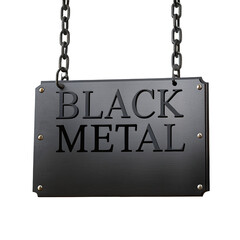 Industrial black metal sign with chains on black background for grunge and heavy decor themes
