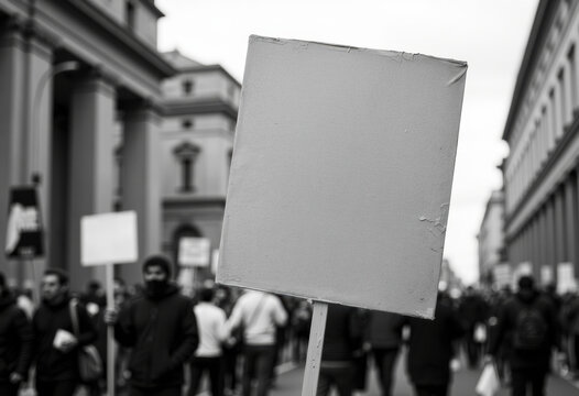 Blank sign held by protester in a crowded city street during a demonstration