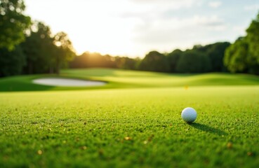 Golf course with a white golf ball on the green during sunset