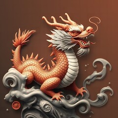 Fototapeta premium Detailed rendering of an orange dragon with white mane and smoke on a brown background art piece